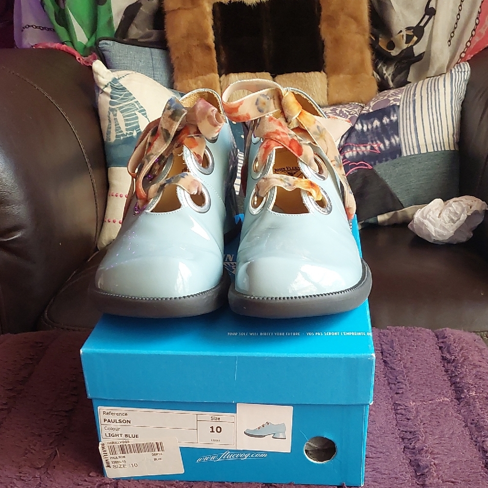 John Fluevog Light Blue Paulson  Patent Leather Shoes with Floral Laces